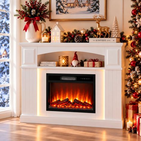 HOMAVO Cheminée électrique 23" avec meuble LED, 1000/2000W, 12 couleurs de flamme, minuterie 1-8 h, télécommande