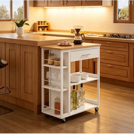 Carrello da cucina 73x38x88 cm bianco effetto legno in MDF con ruote, cassetto e ripiani (1/5)