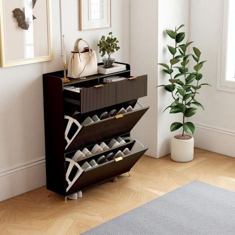 Mueble para zapatos - TANANT - 12 pares - 2 cajones - 2 abatibles - Negro 80x24x110 cm (1/5)