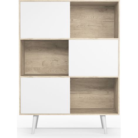 Bibliothèque, buffet de la collection NORDIC (881), en mélamine avec pieds en hêtre massif. Chêne clair-Blanc