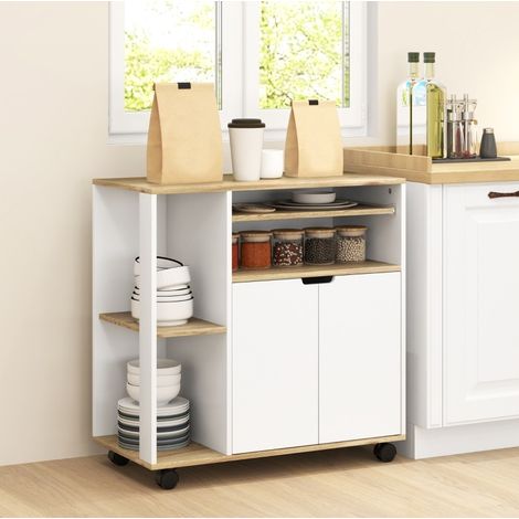 Carro de cocina 80/40/82 cm en madera natural y blanco con estante regulable y ruedas (1/5)
