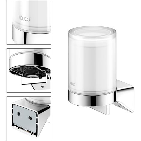 Distributeur de savon KEUCO Rose à coller ou percer, métal chromé avec verre satiné, contenance 180 ml, rechargeable, kit de collage inclus, pour gel, fixation murale, fabriqué en Allemagne. (1/5)