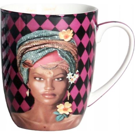 Elegante tazza grande in porcellana da 400 ml, colore viola, con soggetto donna. (1/5)