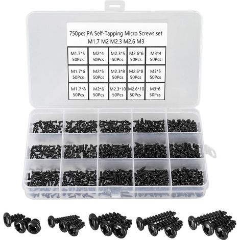 750 Pièces Petites Vis Cruciformes à Tête Ronde,Mini Vis Autotaraudeuse 15 Types M1,7 M2 M2,3 M2,5 M3 Noir - Micro Vis de Réparation électronique, pour Téléphones Lunettes Montre. (1/5)