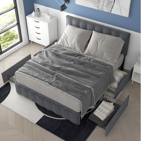 FLORAGRACE Lit coffre adulte 140x200 cm en tissu gris avec 4 tiroirs, sommier métallique, tête de lit réglable (1/5)