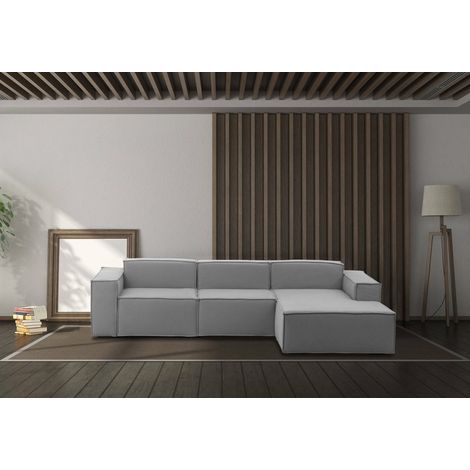 Talamo Italia Canapé fixe Giovanna, Canapé modulable 3 places avec péninsule droite, 100% Made in Italy, Canapé moderne en tissu, Cm 300x170h70, Gris, avec emballage renforcé (1/5)