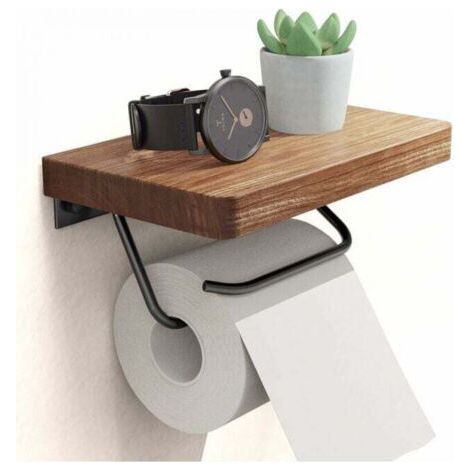 Toilettenpapierhalter im Landhausstil mit Ablage fürs Badezimmer. Rustikaler Toilettenpapierhalter. Wandmontage. Rostfrei. Verstellbar. Leicht zu entfernen. Walnuss-Finish. (1/4)