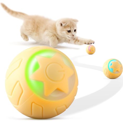 Balle interactive pour chat, jouet à roulement automatique pour chatons et chats d'intérieur, 2 modes de jeu, lumières LED remplaçables, rechargeable, jaune (1/5)