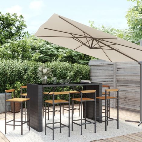 Ensemble Table de bar + 8 Chaises de bar de jardin - Table Haute avec 8 Tabourets noir poly rotin/bois massif acacia BV810009 - BonneVie (1/5)