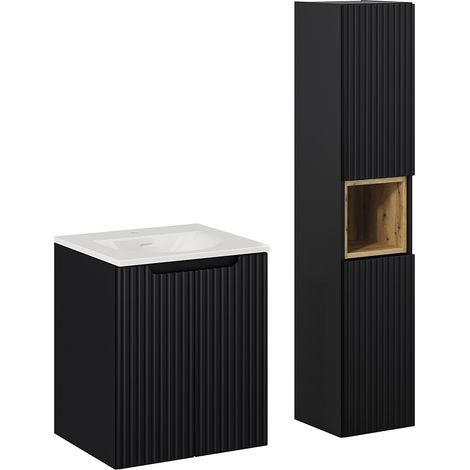 Conjunto de muebles con lavabo individual encastrado 50 cm 2 puertas y columna Riva Negro y Madera