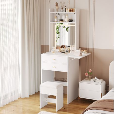 Coiffeuse 75x45x156 cm blanche en MDF avec LED réglable, miroir, 2 tiroirs et tabouret (1/5)