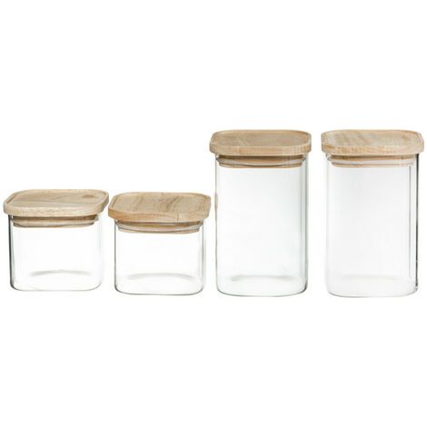 Lot de 4 bocaux de rangement en verre et bois couvercle hermétique empilable atmosphera - (1/4)