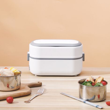 Boîte à lunch électrique 250 W, chauffe-plats portable à chauffage rapide avec poignée, idéale pour la maison et le bureau (220 V CA, prise CN), carrée, grise, simple couche.