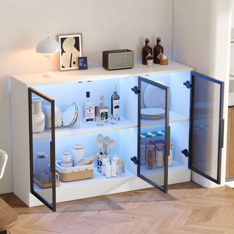 Vetrina 120x30x73 cm, luci LED su ogni ripiano, ante in vetro grigio, chiusura soft close, pannello truciolare bianco (1/5)