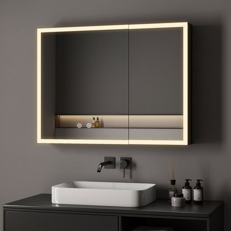 80 x 60 cm Spiegelschrank Bad mit Beleuchtung LED Spiegelschrank mit Beleuchtung Badspiegel Schwarz mit Beleuchtung Badschrank Hängeschränke mit 3 Einstellbare Lichtfarben Beschlagfrei, Schwarz