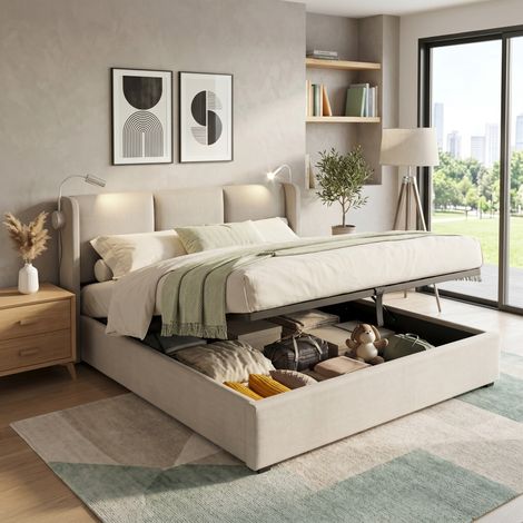 Superaly - Lit double 160x200cm - Rangement hydraulique - Lampe de lecture de chevet - Port USB intégré - Style nordique - Sommier à lattes - Convient aux adultes et aux adolescents - Lin - Beige (1/5)