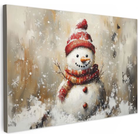 TABLEAU SUR TOILE Bonhomme de neige - Hiver - Neige - Beige Toile Peinture Grand Format XXL 150x100 cm