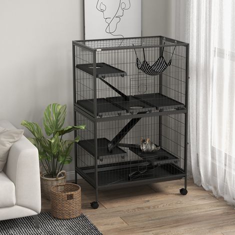 Gabbia per piccoli animali con ruote, rampe, amaca e vassoio rimovibile per cincillà e furetti, 80x52x128 cm, grigia