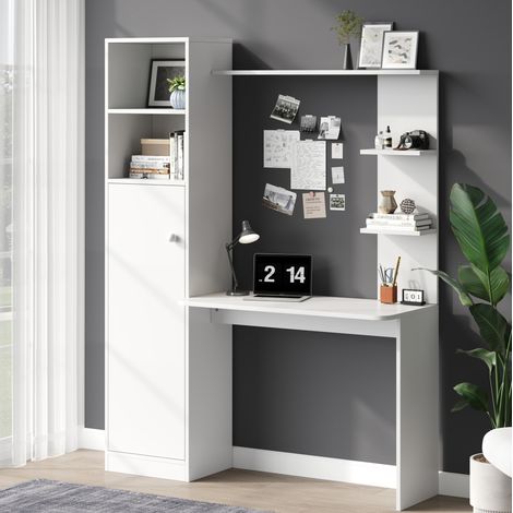 Escritorio con armario y estantes de almacenamiento, 123,5 x 45 x 168,5 cm, MDF, blanco, REDOM (1/5)