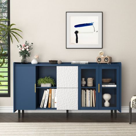 Aparador de MDF azul con puertas de cristal, cajones y huecos abiertos, mueble de almacenaje multifunción (1/5)