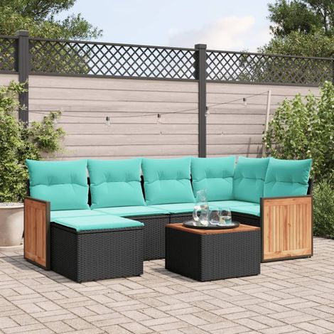 7-teiliges Gartensofa-Set mit Kissen, schwarzes Polyrattan (1/5)