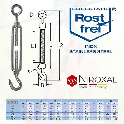 Stainless Steel Turnbuckles with Hook and Eye Stainless Steel Cable Tensioner Hook and Eye Clamp Screw M 4 mm (1/4)