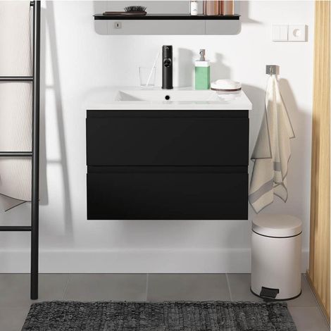 Einzelwaschtisch-Set 60cm mit Keramikplatte und schwarzem Wasserhahn SORRENTO