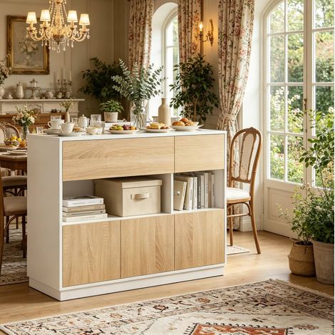 Buffet meuble rangement 100 cm blanc chêne clair OKMYHOME (1/5)