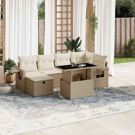 vidaXL Salon de jardin avec coussins 7 pcs beige résine tressée (1/5)