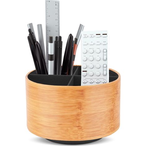 Porte-stylo rond en cuir rotatif à 360° - Porte-télécommande rotatif - Table de chevet - Télécommande TV - Organiseur de bureau pour stylos, fournitures de bureau - Boîte de rangement (1 beige) (1/5)