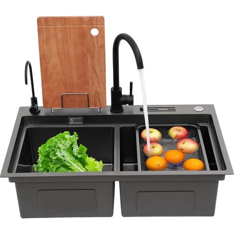 Évier de cuisine double en acier inoxydable 78 x 46 x 24 cm – Kit complet avec 2 robinets, planche à découper et porte-couteau – 2 bacs encastrables (noir), Pour cuisines , restaurants, bars (1/5)