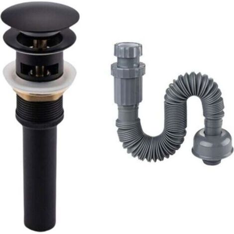 Chrome washbasin drain with automatic opening, universal plug with overflow and black downpipe. (1/4)