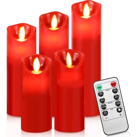 Randaco 5x LED velas con función de temporizador llama parpadeante mando a distancia 5 tamaños regulable eléctrico velas de cera real de la batería roja