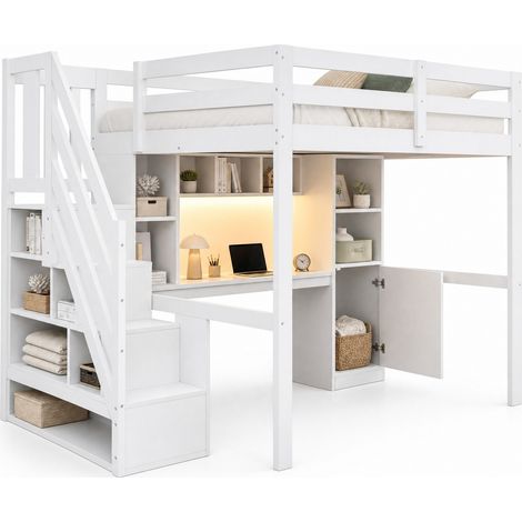 CHICFURN Cama alta 140x200 cm con escalera y almacenaje, escritorio, estantes, LED multicolor y enchufes EU, ideal para dormitorio juvenil blanco y pequeño (1/5)