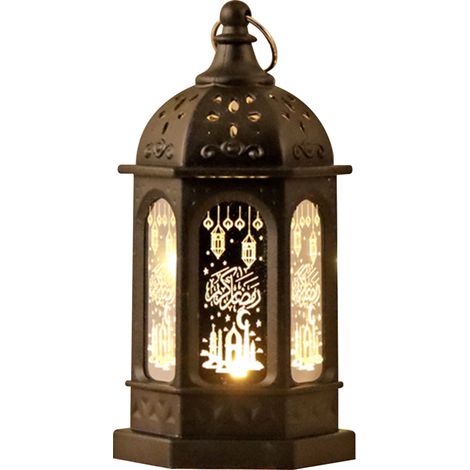 Lanterne LED Ramadan style marocain rétro, bougeoir décoratif motif hexagonal noir en verre et PS, 13x7cm, pile incluse (1/5)