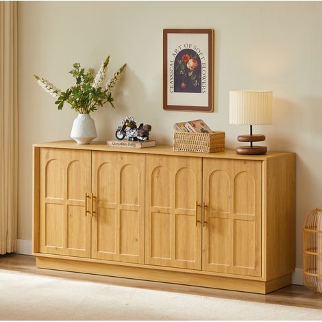 Credenza in MDF naturale 169 x 40 x 80 cm con ante curve, ripiani regolabili e fissaggio a muro (1/5)
