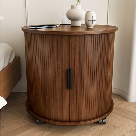 Table de chevet ronde 60 x 60 x 60 cm avec station de charge, rangement, walnut OKMYHOME (1/5)