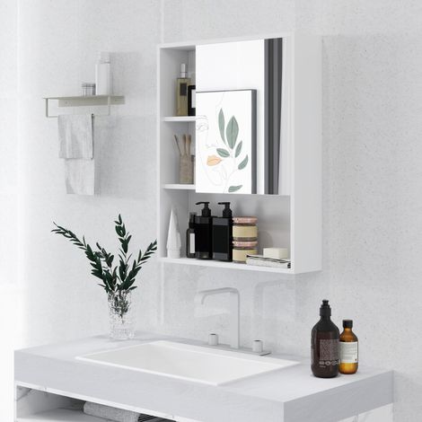 Armoire murale salle de bain avec miroir, meuble salle de bain, 5 compartiments et étagère réglable, 60x15x76cm, blanc