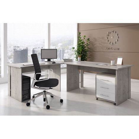 Set Ufficio Completo Con 2 Scrivanie 1 Modulo Ad Angolo 1 Cassettiera Con Ruote 2 Armadi Alto E Basso 2 Librerie Alta E Bassa Finitura Bianco Frassinato E Grigio Cemento (1/5)