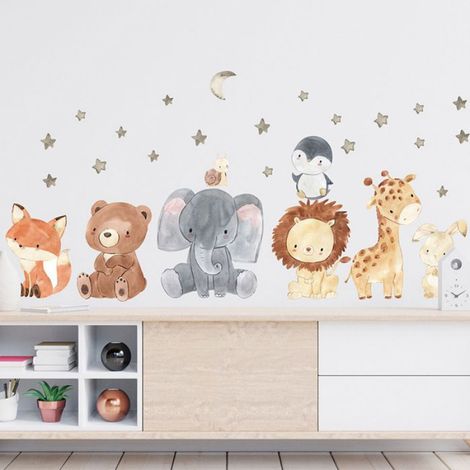 Stickers Muraux Animaux bébés - - Autocollant Mural Girafe Éléphant Décoration Murale Chambre Enfants Pépinière (1/5)