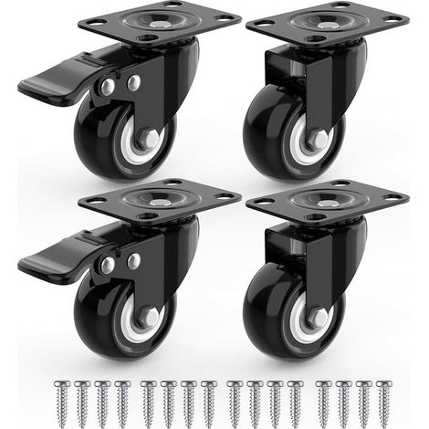 Ruedas giratorias para muebles, 2 de ellas con freno + tornillos – 50 mm, hasta 100 kg – no dejan marcas en el suelo para cargas pesadas – rueda de goma para carro – negro (1/5)
