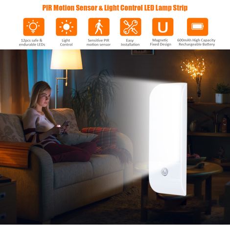 Lampe armoire LED 12 SMD2835 1W DC5V détecteur présence PIR avec capteur lumière 3 modes AUTO/ON/OFF USB rechargeable 600mAh pour placard chambre dressing couloir (1/5)