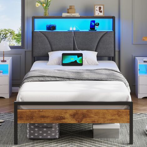 Cadre de Lit 90x190 avec sommier Métal, Lit 1 Personne avec lumières LED, Multiprise (2 Prises CA, 2 Ports USB) lit 90x190cm en métal avec Rangement, Facile à Assembler Marron Vintage+Gris (1/5)