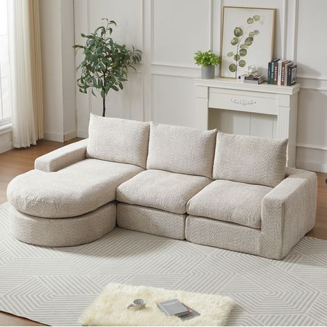 Canapé d'angle modulaire avec méridienne réversible, 4 modules, coussins et appuie-tête, chenille beige - Accoudoir droit