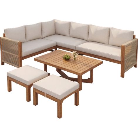 Gartenmöbel Set Akazienholz 6 Sitzer, Modulares Ecksofa mit Kissen, 2 Hockern und Tisch, für Terrasse und Garten