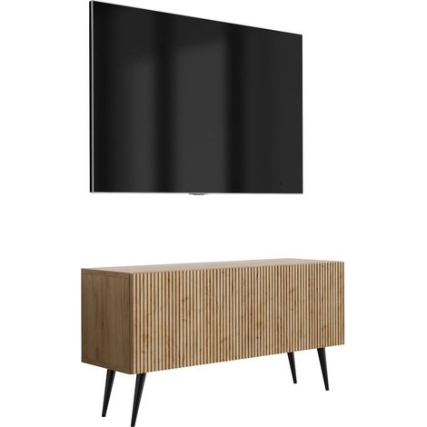 Mobile TV con frontale scanalato, Rovere Craft, gambe inclinate nere, 100 × 32 × 52 cm (1/5)