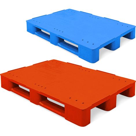 BRB 2 Kunststoffpaletten im Euromaß mit 3 Kufen und 7 mm Sicherungsrand, LxBxH 1200x800x145 mm, geschlossen (Rot/Blau)