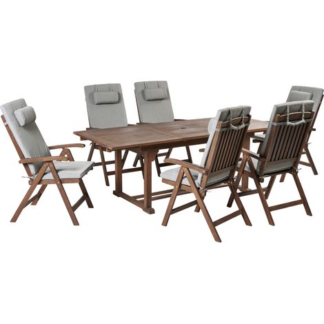 Conjunto de comedor exterior rústico 6 plazas mesa extensible sillas reclinables madera acacia oscura con cojines gris jaspeado Amantea Premium