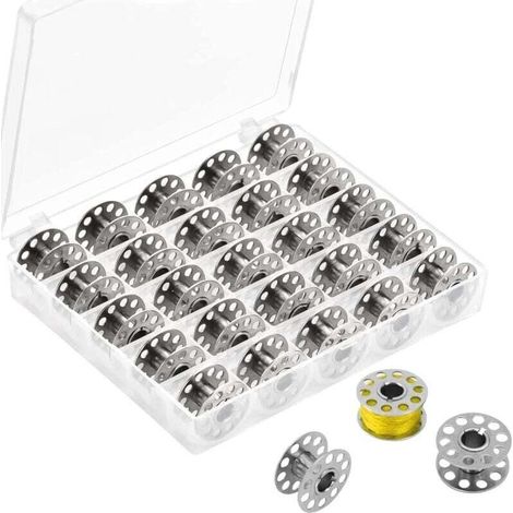 25 Pcs Canette Metal Machine A Coudre, Canette Machine A Coudre,Canettes De Couture,Machine À Coudre De Canette Vide avec Boîte De Rangement,Canette Singer pour Machine À Coudre Domestique,Argenté (1/4)