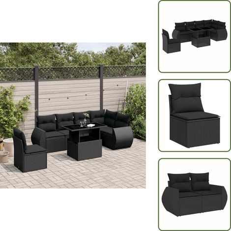 The Living Store Salon de jardin 7 pcs avec coussins noir résine tressée - Ensemble Salon De Jardin - Meuble Extérieur - Jardin Design - Mobilier Résistant Aux Intempéries - Chaise Longue (1/5)